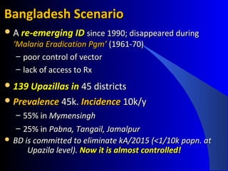 Bangladesh ScenarioBangladesh Scenario
 AA re-emerging IDre-emerging ID since 1990; disappeared duringsince 1990; disappeared during
‘Malaria Eradication Pgm’‘Malaria Eradication Pgm’ (1961-70)(1961-70)
– poor control of vectorpoor control of vector
– lack of access to Rxlack of access to Rx
 139 Upazillas in139 Upazillas in 45 districts45 districts
 PrevalencePrevalence 45k.45k. IncidenceIncidence 10k/y10k/y
– 55% in55% in MymensinghMymensingh
– 25% in25% in Pabna, Tangail, JamalpurPabna, Tangail, Jamalpur
 BD is committed to eliminate kA/2015 (<1/10k popn. atBD is committed to eliminate kA/2015 (<1/10k popn. at
Upazila level).Upazila level). Now it is almost controlled!Now it is almost controlled!
 