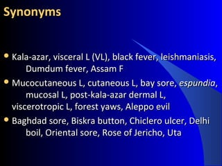 SynonymsSynonyms
 Kala-azar, visceral L (VL), black fever, leishmaniasis,Kala-azar, visceral L (VL), black fever, leishmaniasis,
Dumdum fever, Assam FDumdum fever, Assam F
 Mucocutaneous L, cutaneous L, bay sore,Mucocutaneous L, cutaneous L, bay sore, espundiaespundia,,
mucosal L, post-kala-azar dermal L,mucosal L, post-kala-azar dermal L,
viscerotropic L, forest yaws, Aleppo evilviscerotropic L, forest yaws, Aleppo evil
 Baghdad sore, Biskra button, Chiclero ulcer, DelhiBaghdad sore, Biskra button, Chiclero ulcer, Delhi
boil, Oriental sore, Rose of Jericho, Utaboil, Oriental sore, Rose of Jericho, Uta
 