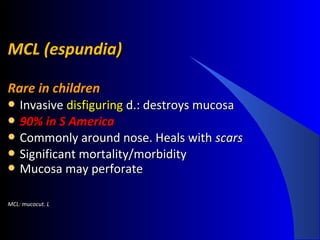 MCL (espundia)MCL (espundia)
Rare in childrenRare in children
 InvasiveInvasive disfiguringdisfiguring d.: destroys mucosad.: destroys mucosa
 90% in S America90% in S America
 Commonly around nose. Heals withCommonly around nose. Heals with scarsscars
 Significant mortality/morbiditySignificant mortality/morbidity
 Mucosa may perforateMucosa may perforate
MCL: mucocut. LMCL: mucocut. L
 