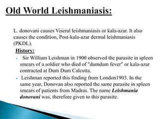 L. donovani causes Viseral leishmaniasis or kala-azar. It also
causes the condition, Post-kala-azar dermal leishmaniasis
(PKDL).
History:
 Sir William Leishman in 1900 observed the parasite in spleen
smears of a soldier who died of "dumdum fever" or kala-azar
contracted at Dum Dum Calcutta.
 Leishman reported this finding from London1903. In the
same year, Donovan also reported the same parasite in spleen
smears of patients from Madras. The name Leishmania
donovani was, therefore given to this parasite.
 