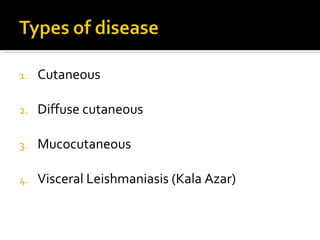 1. Cutaneous
2. Diffuse cutaneous
3. Mucocutaneous
4. Visceral Leishmaniasis (Kala Azar)
 
