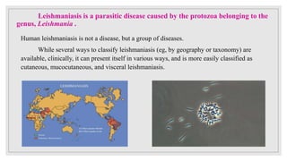 Leishmaniasis is a parasitic disease caused by the protozoa belonging to the
genus, Leishmania .
Human leishmaniasis is not a disease, but a group of diseases.
While several ways to classify leishmaniasis (eg, by geography or taxonomy) are
available, clinically, it can present itself in various ways, and is more easily classified as
cutaneous, mucocutaneous, and visceral leishmaniasis.
 