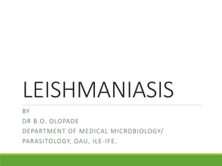 LEISHMANIASIS
BY
DR B.O. OLOPADE
DEPARTMENT OF MEDICAL MICROBIOLOGY/
PARASITOLOGY, OAU, ILE-IFE.
 