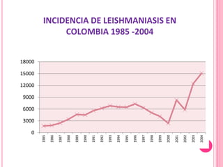 0
3000
6000
9000
12000
15000
18000
1985
1986
1987
1988
1989
1990
1991
1992
1993
1994
1995
1996
1997
1998
1999
2000
2001
2002
2003
2004
INCIDENCIA DE LEISHMANIASIS EN
COLOMBIA 1985 -2004
 