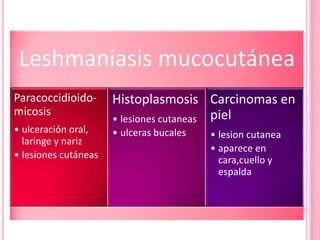 Leshmaniasis mucocutánea
Paracoccidioido-
micosis
• ulceración oral,
laringe y nariz
• lesiones cutáneas
Histoplasmosis
• lesiones cutaneas
• ulceras bucales
Carcinomas en
piel
• lesion cutanea
• aparece en
cara,cuello y
espalda
 