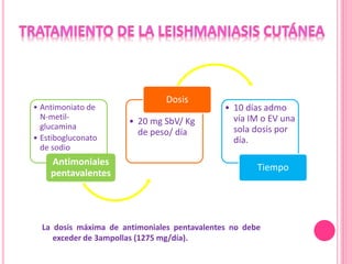 • Antimoniato de
N-metil-
glucamina
• Estibogluconato
de sodio
Antimoniales
pentavalentes
• 20 mg SbV/ Kg
de peso/ día
Dosis
• 10 días admo
vía IM o EV una
sola dosis por
día.
Tiempo
La dosis máxima de antimoniales pentavalentes no debe
exceder de 3ampollas (1275 mg/día).
 