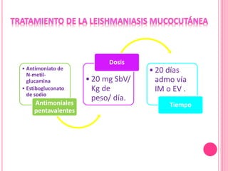 • Antimoniato de
N-metil-
glucamina
• Estibogluconato
de sodio
Antimoniales
pentavalentes
• 20 mg SbV/
Kg de
peso/ día.
Dosis
• 20 días
admo vía
IM o EV .
Tiempo
 