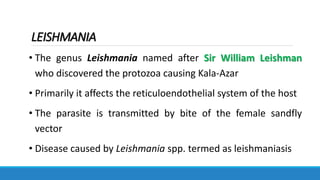 LEISHMANIA
• The genus Leishmania named after Sir William Leishman
who discovered the protozoa causing Kala-Azar
• Primarily it affects the reticuloendothelial system of the host
• The parasite is transmitted by bite of the female sandfly
vector
• Disease caused by Leishmania spp. termed as leishmaniasis
 