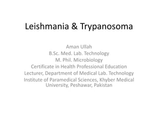 Leishmania & Trypanosoma
Aman Ullah
B.Sc. Med. Lab. Technology
M. Phil. Microbiology
Certificate in Health Professional Education
Lecturer, Department of Medical Lab. Technology
Institute of Paramedical Sciences, Khyber Medical
University, Peshawar, Pakistan
 