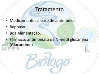 Tratamento
•
•
•
•

Medicamentos a base de antimônio.
Repouso.
Boa Alimentação.
Fármaco: antimoniato de N-metil glucamina
(Glucantime)

 