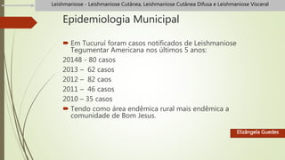 Epidemiologia Municipal
 Em Tucuruí foram casos notificados de Leishmaniose
Tegumentar Americana nos últimos 5 anos:
20148 - 80 casos
2013 – 62 casos
2012 – 82 caos
2011 – 46 casos
2010 – 35 casos
 Tendo como área endêmica rural mais endêmica a
comunidade de Bom Jesus.
Elizângela Guedes
Leishmaniose - Leishmaniose Cutânea, Leishmaniose Cutânea Difusa e Leishmaniose Visceral
 