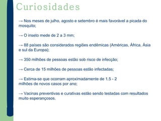Curiosidades ->  Nos meses de julho, agosto e setembro é mais favorável a picada do mosquito; ->  O inseto mede de 2 a 3 mm; ->  88 países são considerados regiões endêmicas (Américas, África, Ásia e sul da Europa); ->  350 milhões de pessoas estão sob risco de infecção; ->  Cerca de 15 milhões de pessoas estão infectadas; ->  Estima-se que ocorram aproximadamente de 1.5 - 2 milhões de novos casos por ano; ->  Vacinas preventivas e curativas estão sendo testadas com resultados muito esperançosos.   