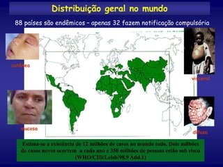 Distribuição geral no mundo
Estima-se a existência de 12 milhões de casos no mundo todo. Dois milhões
de casos novos ocorrem a cada ano e 350 milhões de pessoas estão sob risco
(WHO/CID/Leish/98.9 Add.1)
visceral
cutânea
mucosa
difusa
88 países são endêmicos – apenas 32 fazem notificação compulsória
 