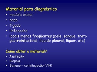 Material para diagnóstico
• medula óssea
• baço
• fígado
• linfonodos
• locais menos freqüentes (pele, sangue, trato
gastrointestinal, líquido pleural, líquor, etc)
Como obter o material?
• Aspiração
• Biópsia
• Sangue – centrifugação (VIH)
 