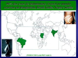 90% dos casos de leishmaniose visceral no mundo
ocorrem em Bangladesh, Brasil, Índia, Nepal e Sudão
(WHO/CID/Leish/98.9 Add.1)
 