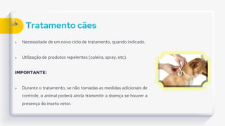 Tratamento cães
 Necessidade de um novo ciclo de tratamento, quando indicado.
 Utilização de produtos repelentes (coleira, spray, etc).
IMPORTANTE:
 Durante o tratamento, se não tomadas as medidas adicionais de
controle, o animal poderá ainda transmitir a doença se houver a
presença do inseto vetor.
 