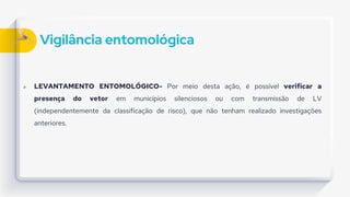 Vigilância entomológica
 LEVANTAMENTO ENTOMOLÓGICO- Por meio desta ação, é possível verificar a
presença do vetor em municípios silenciosos ou com transmissão de LV
(independentemente da classificação de risco), que não tenham realizado investigações
anteriores.
 