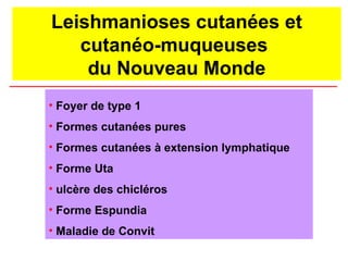 Leishmanioses cutanées et
cutanéo-muqueuses
du Nouveau Monde
• Foyer de type 1
• Formes cutanées pures
• Formes cutanées à extension lymphatique
• Forme Uta
• ulcère des chicléros
• Forme Espundia
• Maladie de Convit
 