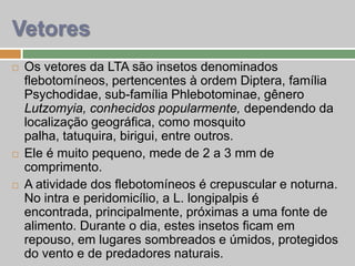  Os vetores da LTA são insetos denominados
flebotomíneos, pertencentes à ordem Diptera, família
Psychodidae, sub-família Phlebotominae, gênero
Lutzomyia, conhecidos popularmente, dependendo da
localização geográfica, como mosquito
palha, tatuquira, birigui, entre outros.
 Ele é muito pequeno, mede de 2 a 3 mm de
comprimento.
 A atividade dos flebotomíneos é crepuscular e noturna.
No intra e peridomicílio, a L. longipalpis é
encontrada, principalmente, próximas a uma fonte de
alimento. Durante o dia, estes insetos ficam em
repouso, em lugares sombreados e úmidos, protegidos
do vento e de predadores naturais.
Vetores
 