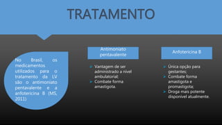 TRATAMENTO
No Brasil, os
medicamentos
utilizados para o
tratamento da LV
são o antimoniato
pentavalente e a
anfotericina B (MS,
2011)
Antimoniato
pentavalente
Anfotericina B
 Vantagem de ser
administrado a nível
ambulatorial;
 Combate forma
amastigota.
 Única opção para
gestantes;
 Combate forma
amastigota e
promastigota;
 Droga mais potente
disponível atualmente.
 