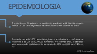 EPIDEMIOLOGIA
É endêmica em 76 países e, no continente americano, está descrita em pelo
menos 12. Dos casos registrados na América Latina, 90% ocorrem no Brasil.
Em média, cerca de 3.500 casos são registrados anualmente e o coeficiente de
incidência é de 2,0 casos/100.000 habitantes. Nos últimos anos, a letalidade
vem aumentando gradativamente, passando de 3,1% em 2000 para 7,1% em
2012.
FONTE: Ministério da Saúde
 