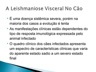  É uma doença sistêmica severa, porém na
  maioria dos casos a evolução é lenta
 As manifestações clínicas estão dependentes do

  tipo de resposta imunológica expressada pelo
  animal infectado
 O quadro clínico dos cães infectados apresenta

  um espectro de características clínicas que varia
  do aparente estado sadio a um severo estado
  final
 