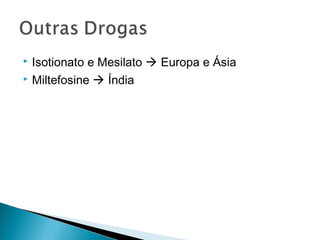  Isotionato e Mesilato  Europa e Ásia
 Miltefosine  Índia
 