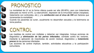 La mortalidad de LV en la forma clásica puede ser alta (85-90%), pero con tratamiento
adecuado es menor al 5%. La desnutrición, depresión de la inmunidad celular (neoplasia,
tratamiento con corticoides, etc.), y la coinfección con el virus de VIH son factores que
incrementan la mortalidad.
Cuando los pacientes se curan, usualmente no desarrollan secuelas y la leishmania se
toma positiva.
Las medidas de control son múltiples y deberían ser integradas. Incluye acciones de
diagnóstico y eliminación de los perros infectados, combate contra los vectores,
mediante la aplicación de insecticidas de acción residual, diagnóstico y tratamiento
precoz de las personas infectadas
Las acciones de control implican, también, actividades educativas y la participación
comunitaria.
 
