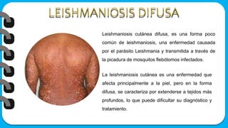 Leishmaniosis cutánea difusa, es una forma poco
común de leishmaniosis, una enfermedad causada
por el parásito Leishmania y transmitida a través de
la picadura de mosquitos flebótomos infectados.
La leishmaniosis cutánea es una enfermedad que
afecta principalmente a la piel, pero en la forma
difusa, se caracteriza por extenderse a tejidos más
profundos, lo que puede dificultar su diagnóstico y
tratamiento.
 