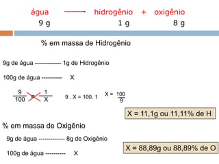 água                            hidrogênio            +   oxigênio
              9g                                  1g                       8g

                 % em massa de Hidrogênio

9g de água ------------- 1g de Hidrogênio

100g de água ----------         X

      9            1                             X = 100
     100 =         X         9 . X = 100. 1
                                                      9

                                                            X = 11,1g ou 11,11% de H
% em massa de Oxigênio
 9g de água ------------- 8g de Oxigênio
                                                           X = 88,89g ou 88,89% de O
 100g de água ---------- – Introdução ao conceito de reação química
               Capítulo 3
                              X
 