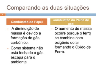Comparando as duas situações
8


                                 Combustão da Palha de
        Combustão do Papel
                                         aço
        A diminuição de         O aumento de massa
        massa é devido a          ocorre porque o ferro
        formação de gás           se combina com
        carbônico;                oxigênio do ar
       Como sistema não          formando o Óxido de
        está fechado o gás        Ferro.
        escapa para o
        ambiente.
 