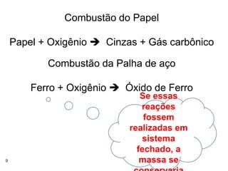Combustão do Papel

    Papel + Oxigênio  Cinzas + Gás carbônico

           Combustão da Palha de aço

        Ferro + Oxigênio  Óxido de Ferro
                               Se essas
                               reações
                                fossem
                            realizadas em
                               sistema
                              fechado, a
9                              massa se
 