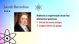 Elaborou a organização atual dos
elementos químicos;
✓ Inicial do nome antigo;
✓ origem latina ou grega
Jacob Berzelius
 
