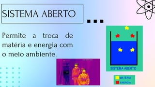 SISTEMA ABERTO
Permite a troca de
matéria e energia com
o meio ambiente.
 