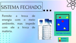 SISTEMA FECHADO
Permite a troca de
energia com o meio
ambiente, mas impede
com ele a troca de
matéria.
 