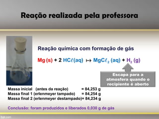 Reação realizada pela professora
Mg (s) + 2 HC(aq)  MgC2 (aq) + H2 (g)
Escapa para a
atmosfera quando o
recipiente é aberto
Reação química com formação de gás
Massa inicial (antes da reação) = 84,253 g
Massa final 1 (erlenmeyer tampado) = 84,254 g
Massa final 2 (erlenmeyer destampado)= 84,234 g
Conclusão: foram produzidos e liberados 0,030 g de gás
 
