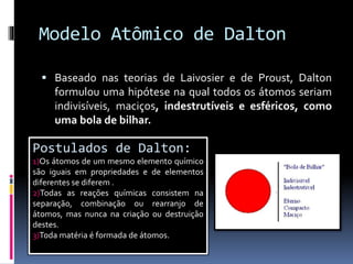 Modelo Atômico de Dalton
 Baseado nas teorias de Laivosier e de Proust, Dalton
formulou uma hipótese na qual todos os átomos seriam
indivisíveis, maciços, indestrutíveis e esféricos, como
uma bola de bilhar.
Postulados de Dalton:
1)Os átomos de um mesmo elemento químico
são iguais em propriedades e de elementos
diferentes se diferem .
2)Todas as reações químicas consistem na
separação, combinação ou rearranjo de
átomos, mas nunca na criação ou destruição
destes.
3)Toda matéria é formada de átomos.
 