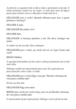A primeira e a segunda irmãs se dão as mãos e aproximam-se da mãe. O
irmão permanece imóvel em seu lugar. A irmã mais nova dá alguns
passos para a frente, vira-se e olha para o irmão atrás de si.
HELLINGER para a mulher Quando olhamos para isso, a quem
pertence a herança?
MULHER À mãe.
HELLINGER Ela ainda vive?
MULHER Não.
HELLINGER A herança pertence a ela. Ela deve carregar seu
nome.
A mulher vai até sua mãe. Elas se abraçam.
HELLINGER para o irmão, que ainda está em seu lugar Como está
você?
IRMÃO Melhor.
A segunda irmã também vai até a mãe e a abraça juntamente com a irmã
mais velha.
Hellinger escolhe um representante para o pai. Ele o posiciona um
pouco para fora, entre a mãe e o irmão.
HELLINGER para o irmão Diga a seu pai: “Recebo a herança de
você para a minha mãe.”
Ele diz isso bem alto.
HELLINGER Diga com amor.
IRMÃO após vacilar por muito tempo, para seu pai Recebo a herança
de você para a minha mãe.
O representante do pai respira fundo. Hellinger o leva à frente da mãe.
 