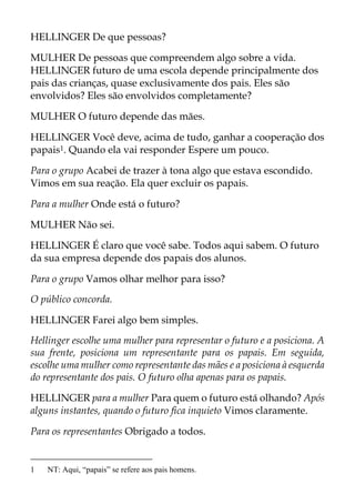 HELLINGER De que pessoas?
MULHER De pessoas que compreendem algo sobre a vida.
HELLINGER futuro de uma escola depende principalmente dos
pais das crianças, quase exclusivamente dos pais. Eles são
envolvidos? Eles são envolvidos completamente?
MULHER O futuro depende das mães.
HELLINGER Você deve, acima de tudo, ganhar a cooperação dos
papais1. Quando ela vai responder Espere um pouco.
Para o grupo Acabei de trazer à tona algo que estava escondido.
Vimos em sua reação. Ela quer excluir os papais.
Para a mulher Onde está o futuro?
MULHER Não sei.
HELLINGER É claro que você sabe. Todos aqui sabem. O futuro
da sua empresa depende dos papais dos alunos.
Para o grupo Vamos olhar melhor para isso?
O público concorda.
HELLINGER Farei algo bem simples.
Hellinger escolhe uma mulher para representar o futuro e a posiciona. A
sua frente, posiciona um representante para os papais. Em seguida,
escolhe uma mulher como representante das mães e a posiciona à esquerda
do representante dos pais. O futuro olha apenas para os papais.
HELLINGER para a mulher Para quem o futuro está olhando? Após
alguns instantes, quando o futuro fica inquieto Vimos claramente.
Para os representantes Obrigado a todos.
1 NT: Aqui, “papais” se refere aos pais homens.
 