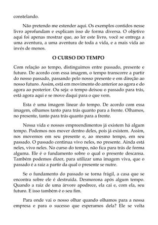 constelando.
Não pretendo me estender aqui. Os exemplos contidos nesse
livro aprofundam e explicam isso de forma diversa. O objetivo
aqui foi apenas mostrar que, ao ler este livro, você se entrega a
uma aventura, a uma aventura de toda a vida, e a mais vida ao
invés de menos.
O CURSO DO TEMPO
Com relação ao tempo, distinguimos entre passado, presente e
futuro. De acordo com essa imagem, o tempo transcorre a partir
do nosso passado, passando pelo nosso presente e em direção ao
nosso futuro. Assim, está em movimento do anterior ao agora e do
agora ao posterior. Ou seja: o tempo deixou o passado para trás,
está agora aqui e se move daqui para o que vem.
Esta é uma imagem linear do tempo. De acordo com essa
imagem, olhamos tanto para trás quanto para a frente. Olhamos,
no presente, tanto para trás quanto para a frente.
Nossa vida e nossos empreendimentos já existem há algum
tempo. Podemos nos mover dentro deles, pois já existem. Assim,
nos movemos em seu presente e, ao mesmo tempo, em seu
passado. O passado continua vivo neles, no presente. Ainda está
neles, vivo neles. No curso do tempo, não fica para trás de forma
alguma. Ele é o fundamento sobre o qual o presente descansa.
Também podemos dizer, para utilizar uma imagem viva, que o
passado é a raiz a partir da qual o presente se nutre.
Se o fundamento do passado se torna frágil, a casa que se
encontra sobre ele é destruída. Desmorona após algum tempo.
Quando a raiz de uma árvore apodrece, ela cai e, com ela, seu
futuro. E isso também é o seu fim.
Para onde vai o nosso olhar quando olhamos para a nossa
empresa e para o sucesso que esperamos dela? Ele se volta
 