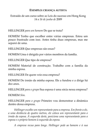 EXEMPLO: CRIANÇA AUTISTA
Extraído de um curso sobre as Leis do sucesso em Hong Kong
14 a 16 de junho de 2009
HELLINGER para um homem De que se trata?
HOMEM Tenho que escolher entre várias empresas. Estou um
pouco frustrado com isso. Antes tinha duas empresas, mas me
separei de uma.
HELLINGER Que empresas são essas?
HOMEM Uma é dirigida por vários membros da família.
HELLINGER Que tipo de empresa?
HOMEM Material de construção. Trabalho com a família da
minha esposa.
HELLINGER De quem veio essa empresa?
HOMEM Do irmão da minha esposa. Ele a fundou e a dirige há
dez anos.
HELLINGER para o grupo Sua esposa é uma sócia nessa empresa?
HOMEM Sim.
HELLINGER para o grupo Primeiro vou demonstrar a dinâmica
dentro dessa empresa.
Hellinger escolhe um representante para a empresa. Em frente a ele,
a uma distância de quatro metros, ele coloca um representante para o
irmão da esposa. À esquerda deste, posiciona uma representante para a
esposa e o próprio homem à esquerda da esposa.
A empresa recua para longe. Hellinger pede ao homem e à sua
 