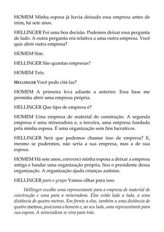 HOMEM Minha esposa já havia deixado essa empresa antes de
mim, há sete anos.
HELLINGER Foi uma boa decisão. Podemos deixar essa pergunta
de lado. A outra pergunta era relativa a uma outra empresa. Você
quis abrir outra empresa?
HOMEM Sim.
HELLINGER São quantas empresas?
HOMEM Três.
HELLINGER Você pode citá-las?
HOMEM A primeira leva adiante a anterior. Essa base me
permitiu abrir uma empresa própria.
HELLINGER Que tipo de empresa é?
HOMEM Uma empresa de material de construção. A segunda
empresa é uma mineradora e, a terceira, uma empresa fundada
pela minha esposa. É uma organização sem fins lucrativos.
HELLINGER Será que podemos chamar isso de empresa? E,
mesmo se pudermos, não seria a sua empresa, mas a de sua
esposa.
HOMEM Há sete anos, convenci minha esposa a deixar a empresa
antiga e fundar uma organização própria. Sou o presidente dessa
organização. A organização ajuda crianças autistas.
HELLINGER para o grupo Vamos olhar para isso.
Hellinger escolhe uma representante para a empresa de material de
construção e uma para a mineradora. Elas estão lado a lado, a uma
distância de quatro metros. Em frente a elas, também a uma distância de
quatro metros, posiciona o homem e, ao seu lado, uma representante para
sua esposa. A mineradora se vira para trás.
 
