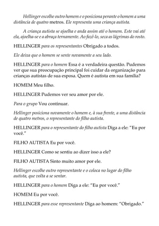 Hellinger escolhe outro homem e o posiciona perante o homem a uma
distância de quatro metros. Ele representa uma criança autista.
A criança autista se ajoelha e anda assim até o homem. Este vai até
ela, ajoelha-se e a abraça ternamente. Ao fazê-lo, seca as lágrimas do rosto.
HELLINGER para os representantes Obrigado a todos.
Ele deixa que o homem se sente novamente a seu lado.
HELLINGER para o homem Essa é a verdadeira questão. Pudemos
ver que sua preocupação principal foi cuidar da organização para
crianças autistas de sua esposa. Quem é autista em sua família?
HOMEM Meu filho.
HELLINGER Pudemos ver seu amor por ele.
Para o grupo Vou continuar.
Hellinger posiciona novamente o homem e, à sua frente, a uma distância
de quatro metros, o representante do filho autista.
HELLINGER para o representante do filho autista Diga a ele: “Eu por
você.”
FILHO AUTISTA Eu por você.
HELLINGER Como se sentiu ao dizer isso a ele?
FILHO AUTISTA Sinto muito amor por ele.
Hellinger escolhe outro representante e o coloca no lugar do filho
autista, que volta a se sentar.
HELLINGER para o homem Diga a ele: “Eu por você.”
HOMEM Eu por você.
HELLINGER para esse representante Diga ao homem: “Obrigado.”
 