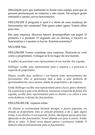 dificuldade para que realmente se forme uma equipe, para que as
pessoas permaneçam na empresa e não saiam. Há sempre gente
entrando e saindo, novos funcionários.
HELLINGER A pergunta é: qual é o efeito de uma mudança de
funcionários tão constante? Não quero saber agora. Vamos olhar
para isso.
Em uma empresa, diversos fatores desempenham um papel. O
primeiro é o produto. O segundo são os clientes, o terceiro os
funcionários e o quarto os lucros. Existem acionistas?
MULHER Não.
HELLINGER Vamos examinar essa empresa. Posicione-se você
como o proprietário. Coloque-se lá no lugar do seu marido.
A mulher se posiciona como representante de seu marido. Em seguida,
Hellinger escolhe uma representante para a empresa e a posiciona à
esquerda do proprietário.
Depois, escolhe duas mulheres e um homem como representantes dos
funcionários. Eles se posicionam lado a lado, a uma distância de
aproximadamente cinco metros, diante do proprietário e da empresa.
Então Hellinger escolhe uma representante para o lucro, para o dinheiro.
Ele a posiciona a uma certa distância, levemente à esquerda da firma. Em
seguida, escolhe duas representantes para os clientes e as coloca a uma
certa distância, à direita dos funcionários.
HELLINGER OK, vejamos então.
Os clientes se movimentam bastante devagar, a passos pequenos, em
direção ao proprietário. Eles se colocam próximos a ele e, após algum
tempo, à sua direita e à sua esquerda. Juntos, dão alguns passos para trás,
afastando-se dos funcionários. Ficam olhando uns para os outros. Então,
dão-se as mãos. A firma recua alguns passos e permanece isolada. O
dinheiro olha persistentemente para os funcionários.
 