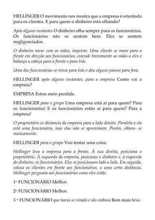 HELLINGER O movimento nos mostra que a empresa é orientada
para os clientes. E para quem o dinheiro está olhando?
Após alguns instantes O dinheiro olha sempre para os funcionários.
Os funcionários não se sentem bem. Eles se sentem
negligenciados.
O dinheiro mexe com as mãos, inquieto. Uma cliente se move para a
frente em direção aos funcionários, estende brevemente as mãos a eles e
balança a cabeça para a frente e para trás.
Uma das funcionárias se virou para trás e deu alguns passos para fora.
HELLINGER após alguns instantes, para a empresa Como vai a
empresa?
EMPRESA Estou meio perdida.
HELLINGER para o grupo Uma empresa está aí para quem? Para
os funcionários! E os funcionários estão aí para quem? Para a
empresa!
O proprietário se distancia da empresa para o lado direito. Paralela a ela
está uma funcionária, mas elas não se aproximam. Porém, olham- se
mutuamente.
HELLINGER para o grupo Vou tentar uma coisa.
Hellinger leva a empresa para a frente. À sua direita, posiciona o
proprietário. À esquerda da empresa, posiciona o dinheiro e, à esquerda
do dinheiro, os funcionários. Eles se posicionam lado a lado. Em seguida,
coloca os clientes em frente aos funcionários, a uma certa distância.
Hellinger pergunta aos funcionários como eles estão.
1o FUNCIONÁRIO Melhor.
2o FUNCIONÁRIO Melhor.
3 o FUNCIONÁRIO que havia se virado e ido embora Bem mais leve.
 