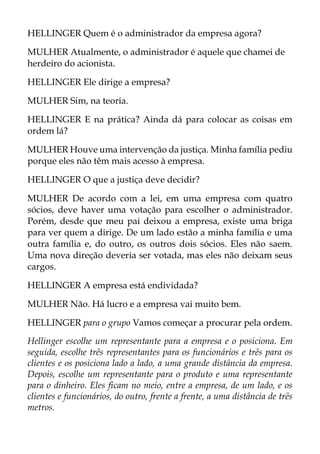 HELLINGER Quem é o administrador da empresa agora?
MULHER Atualmente, o administrador é aquele que chamei de
herdeiro do acionista.
HELLINGER Ele dirige a empresa?
MULHER Sim, na teoria.
HELLINGER E na prática? Ainda dá para colocar as coisas em
ordem lá?
MULHER Houve uma intervenção da justiça. Minha família pediu
porque eles não têm mais acesso à empresa.
HELLINGER O que a justiça deve decidir?
MULHER De acordo com a lei, em uma empresa com quatro
sócios, deve haver uma votação para escolher o administrador.
Porém, desde que meu pai deixou a empresa, existe uma briga
para ver quem a dirige. De um lado estão a minha família e uma
outra família e, do outro, os outros dois sócios. Eles não saem.
Uma nova direção deveria ser votada, mas eles não deixam seus
cargos.
HELLINGER A empresa está endividada?
MULHER Não. Há lucro e a empresa vai muito bem.
HELLINGER para o grupo Vamos começar a procurar pela ordem.
Hellinger escolhe um representante para a empresa e o posiciona. Em
seguida, escolhe três representantes para os funcionários e três para os
clientes e os posiciona lado a lado, a uma grande distância da empresa.
Depois, escolhe um representante para o produto e uma representante
para o dinheiro. Eles ficam no meio, entre a empresa, de um lado, e os
clientes e funcionários, do outro, frente a frente, a uma distância de três
metros.
 