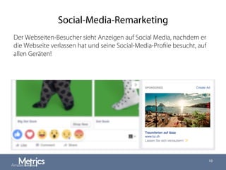 Social-Media-Remarketing
10
Der Webseiten-Besucher sieht Anzeigen auf Social Media, nachdem er
die Webseite verlassen hat und seine Social-Media-Proﬁle besucht, auf
allen Geräten!
 
