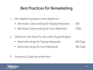Best Practices für Remarketing
1.  Mit möglichst grossen Listen beginnen:
•  Minimaler Listenumfang für Display-Netzwerk: 100
•  Minimaler Listenumfang für Such-Netzwerk: 1'000
2.  Deﬁnieren der Dauer für die Listen-Zugehörigkeit:
•  Maximale Länge für Display-Netzwerk: 540 Tage
•  Maximale Länge für Such-Netzwerk: 180 Tage
3.  Frequency Capping verwenden
18
 