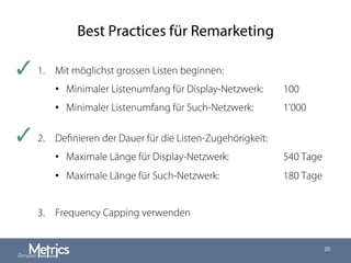Best Practices für Remarketing
1.  Mit möglichst grossen Listen beginnen:
•  Minimaler Listenumfang für Display-Netzwerk: 100
•  Minimaler Listenumfang für Such-Netzwerk: 1'000
2.  Deﬁnieren der Dauer für die Listen-Zugehörigkeit:
•  Maximale Länge für Display-Netzwerk: 540 Tage
•  Maximale Länge für Such-Netzwerk: 180 Tage
3.  Frequency Capping verwenden
20
✓
✓
 