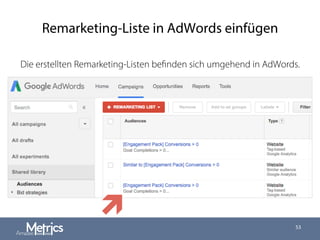 Remarketing-Liste in AdWords einfügen
Die erstellten Remarketing-Listen beﬁnden sich umgehend in AdWords.
53
ì
 
